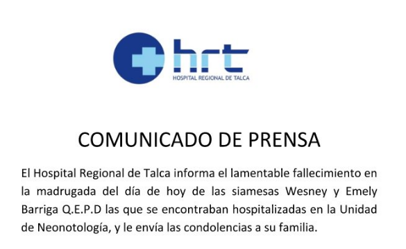 Hospital de Talca confirma el fallecimiento de las siamesas unidas por un corazón