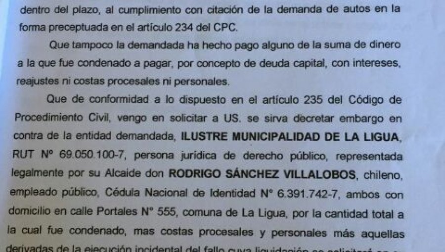 Municipio de La Ligua es embargado ante imposibilidad de pago de 6,5 millones de pesos