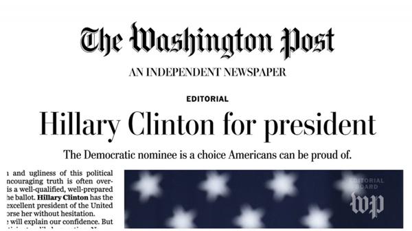 The Washington Post dio su apoyo oficial a Hillary Clinton para ser la próxima presidente de EEUU