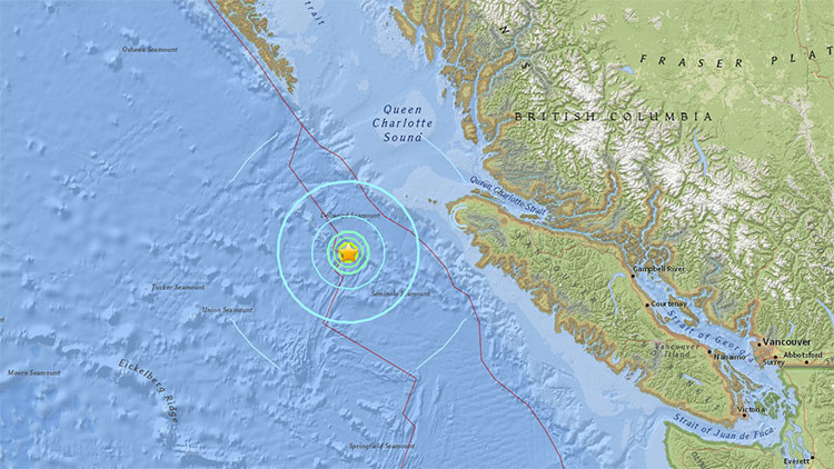 Sismo de magnitud 5,7 sacude el océano Pacífico cerca de Canadá