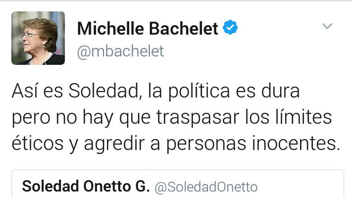 Bachelet manifiesta su enojo en Twitter: "No hay que traspasar los límites éticos"