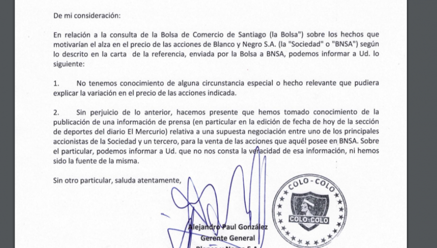 Bolsa de Comercio pide explicaciones a Colo Colo tras alzas en sus acciones