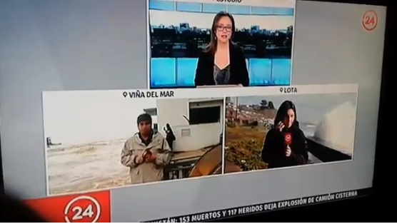 Despacho en vivo de periodista de TVN es arruinado por una gran ola