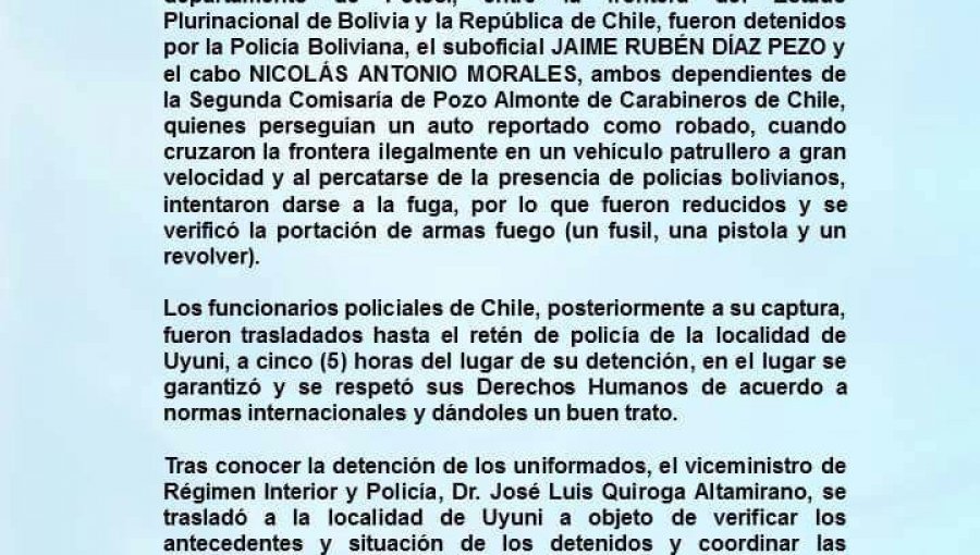 Gobierno Boliviano dice que Carabineros fueron reducidos antes de ser detenidos