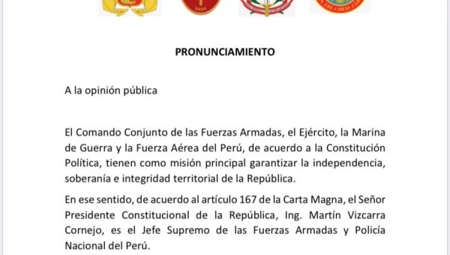 Las Fuerzas Armadas y la Policía de Perú ratificaron su respaldo al presidente Martín Vizcarra