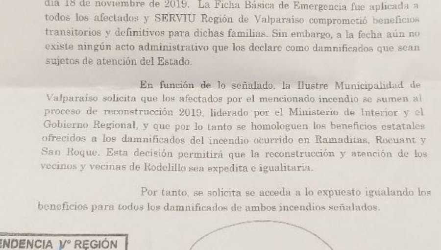 Municipalidad de Valparaíso solicita al Gobierno que reconstrucción incluya a damnificados del incendio en Rodelillo