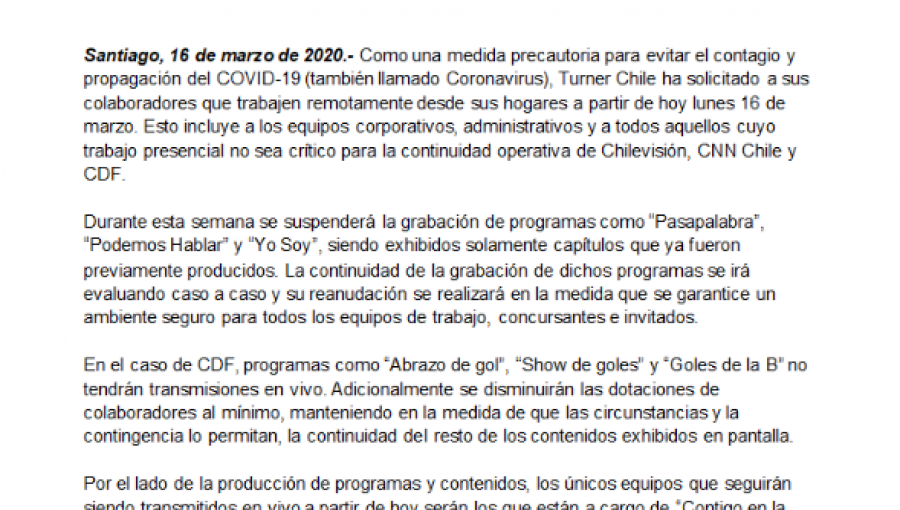 Chilevisión suspende grabaciones de programas para prevenir el coronavirus