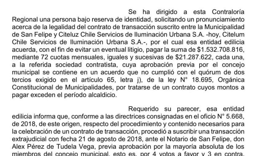 Contraloría da fuerte mazazo a Municipalidad de San Felipe: ordena invalidar contrato suscrito el 2018 por vicio en su votación