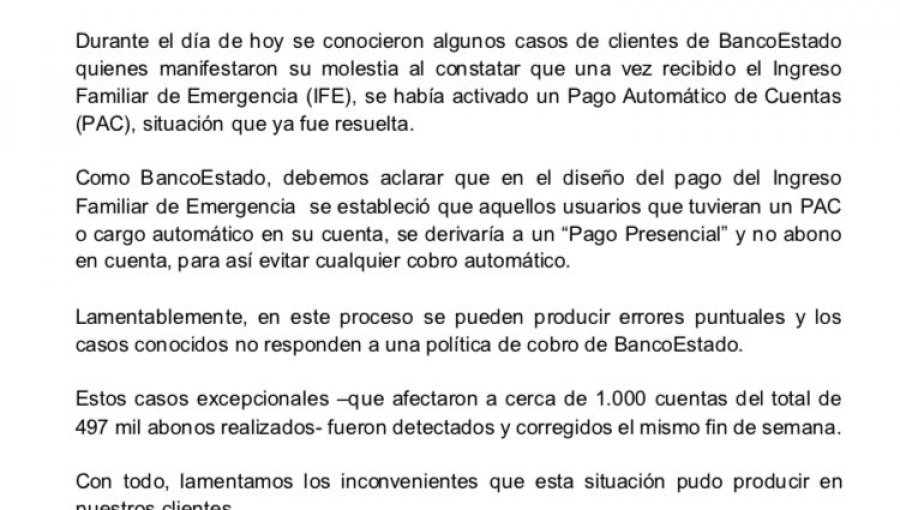Banco Estado confirmó cobros automáticos a beneficiarios del Ingreso Familiar de Emergencia
