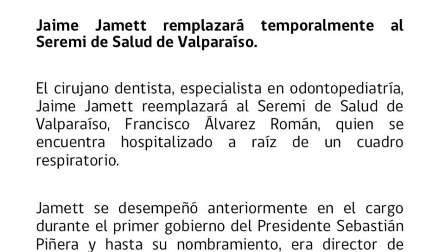 Jaime Jamett reemplazará de forma temporal a Francisco Álvarez en la Seremi de Salud de Valparaíso