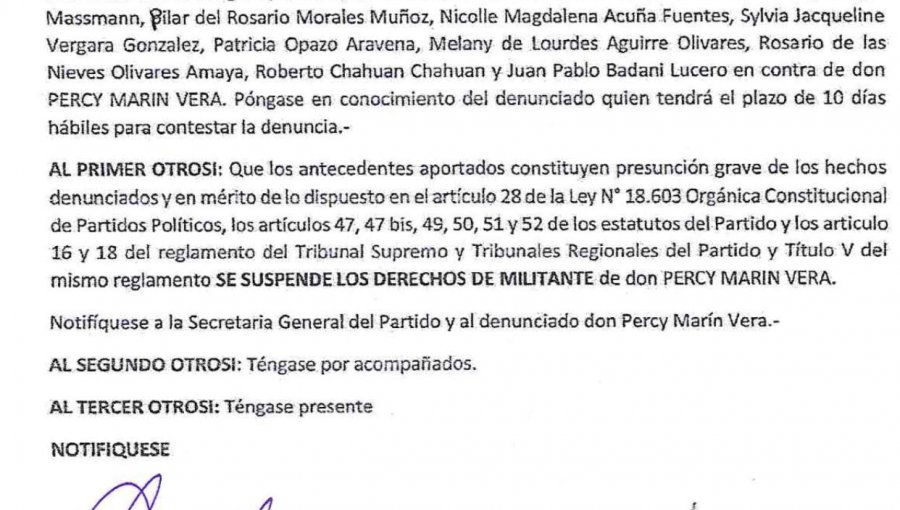 Filtran documento de Tribunal Regional de RN en donde se da a conocer “suspensión” de militancia de Consejero Percy Marín
