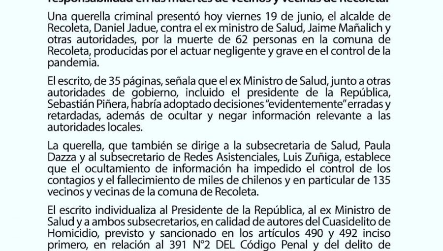 Alcalde de Recoleta se querella por cuasidelito de homicidio contra el presidente Piñera y Jaime Mañalich
