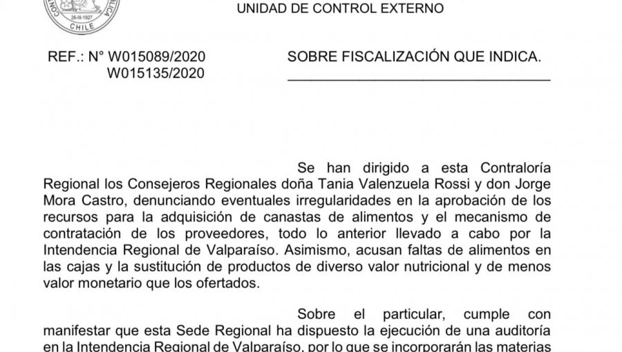 Contraloría ordena auditoría en la Intendencia de Valparaíso por adquisición y entrega de cajas de alimento en la región