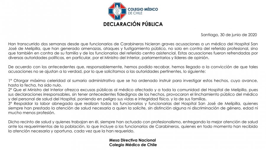 Colegio Médico concluye que denuncia de Carabineros contra el hospital de Melipilla "no se ajusta a la verdad"