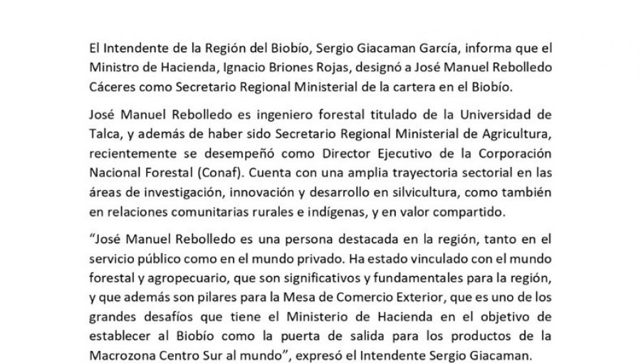 José Manuel Rebolledo fue nombrado como nuevo Seremi de Hacienda en el Biobío