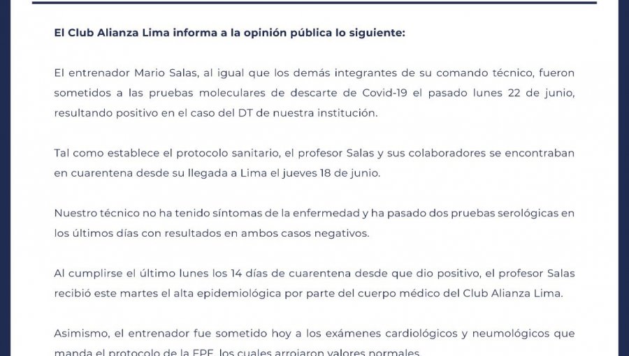 Alianza Lima confirmó que Mario Salas se contagió de Covid-19 y ya recibió el alta