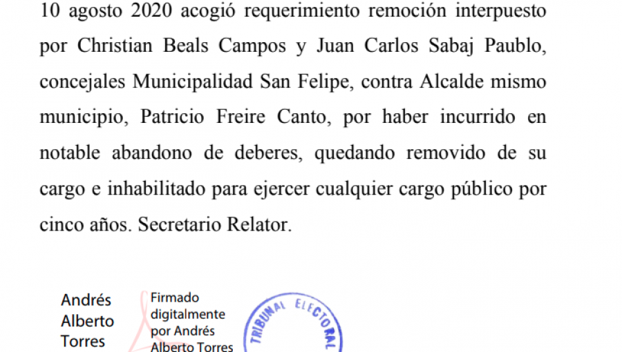 Tribunal Electoral Regional remueve a Patricio Freire como Alcalde de San Felipe por "notable abandono de deberes"