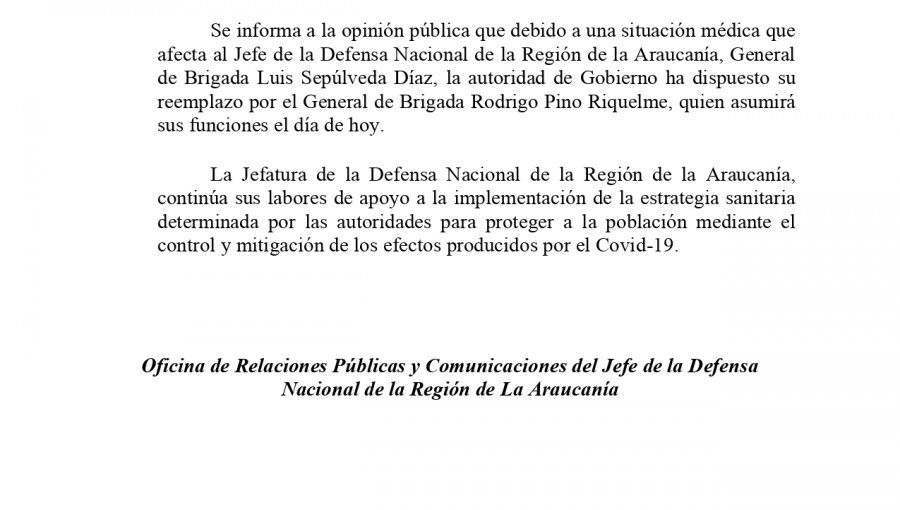Jefe de Defensa Nacional de la Araucanía fue reemplazado debido a "una situación médica"