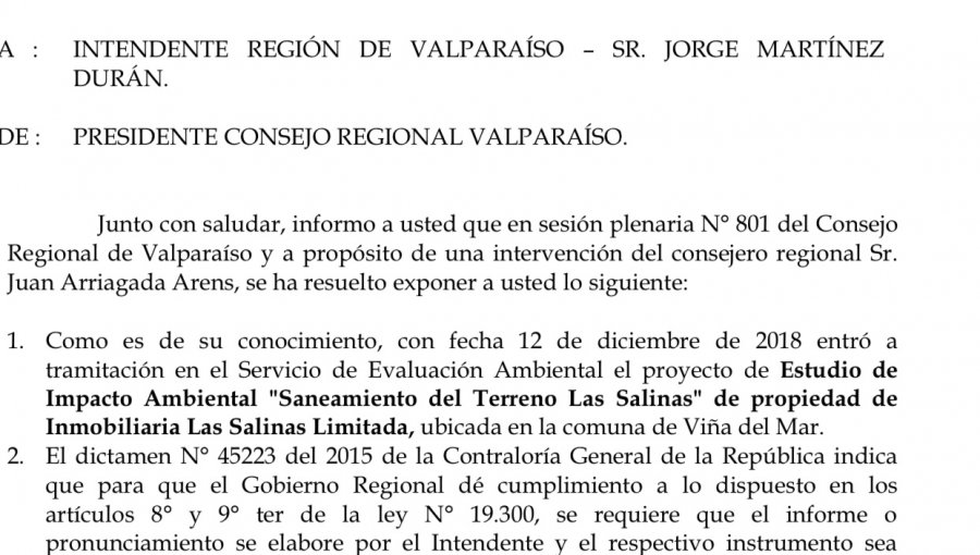 Grave error administrativo del Intendente Jorge Martínez explica "voltereta" del Gobierno Regional en el proyecto Las Salinas