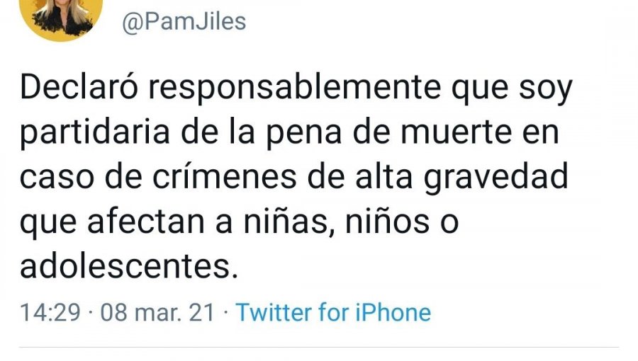 Pamela Jiles declara ser partidaria de la pena de muerte en crímenes que "afectan a niñas, niños y adolescentes"