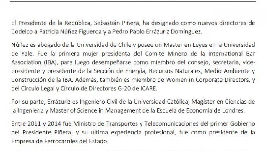 Patricia Núñez y Pedro Pablo Errázuriz fueron designados como nuevos directores de Codelco